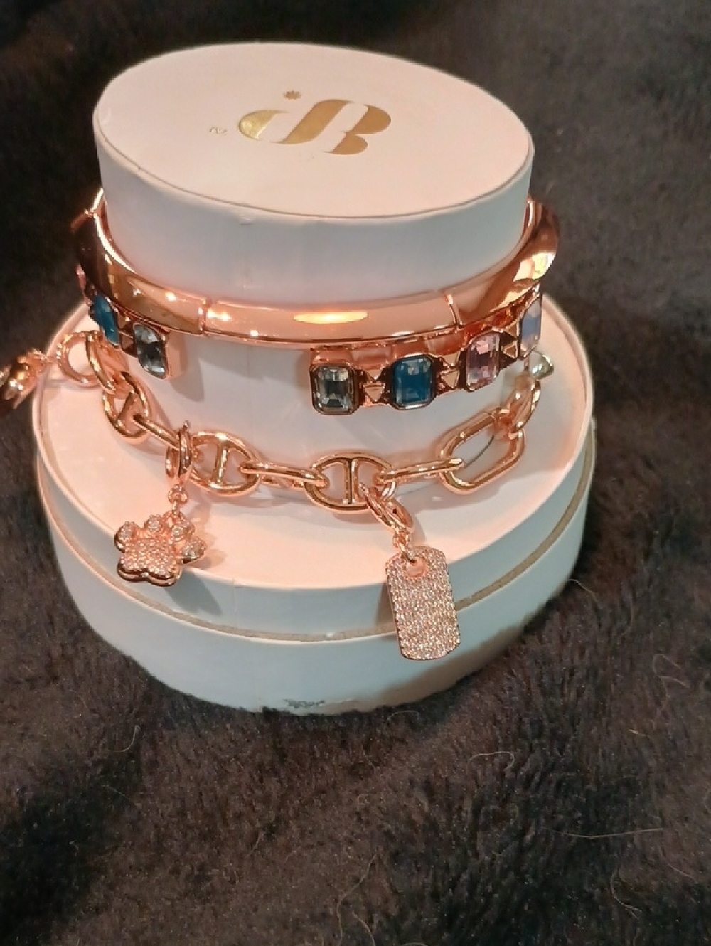 Rose Gold Charm Bracelet Set with Blue and Clear Stones - - Picture 3 of 10